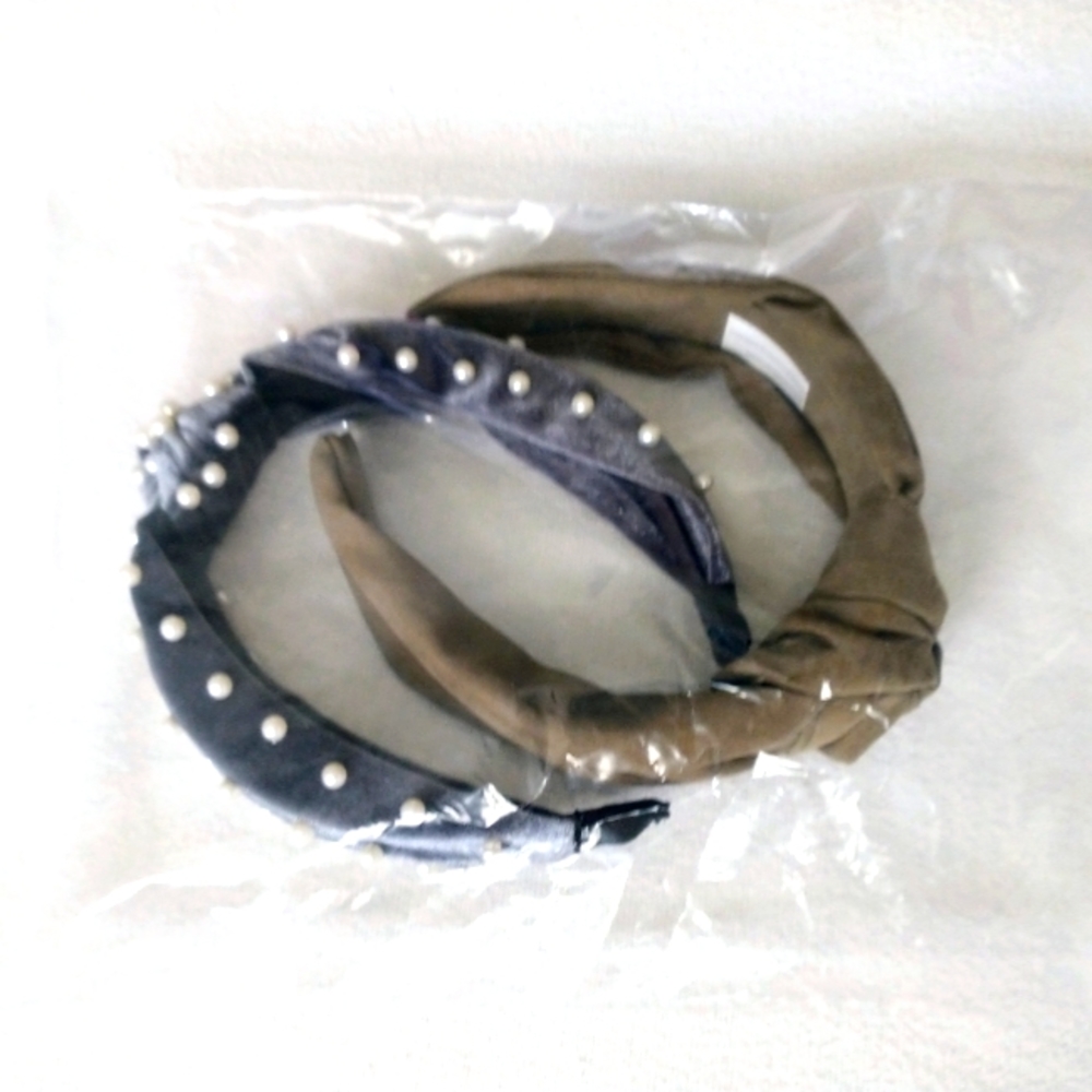 Smokey Grey with Pearls & Solid Olive Green Lot of 2 New Headbands